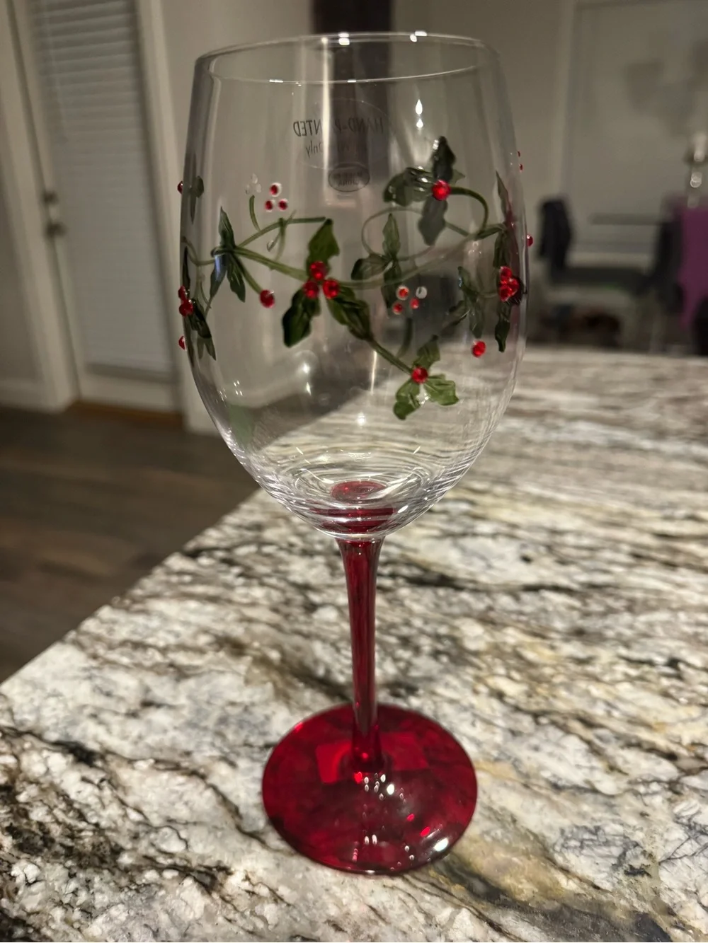 Hand-Painted Red Stem Wine Glass with Berry Vine Design